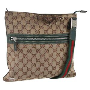 Authentic GUCCI GG Canvas Web Sherry Line Shoulder Bag Beige Red Green 145809
